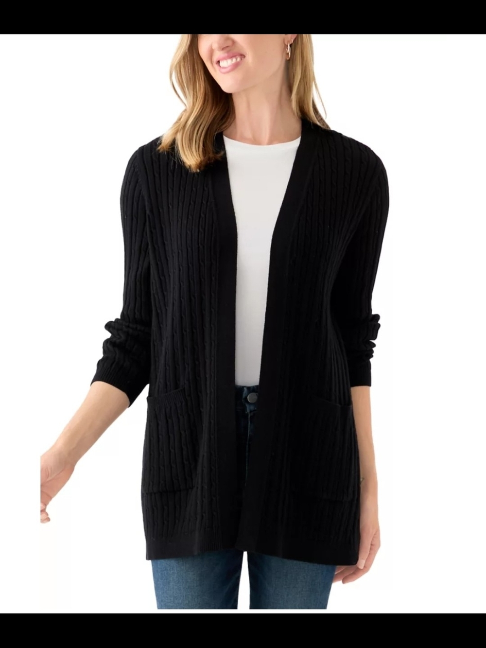 Kim Rogers NWOT Black Open-Front Cable Knit Cardigan Sweater Size Small